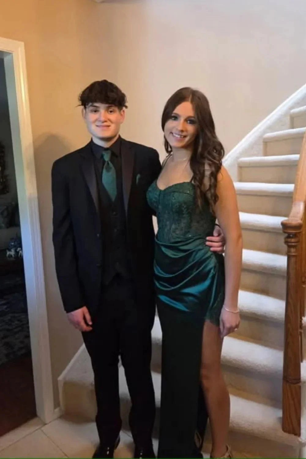 Satin & Lace Spaghetti-Strap Sweetheart Corset Bodice High-Slit Sheath Floor-Length Prom Dress by JiMiss Dresses