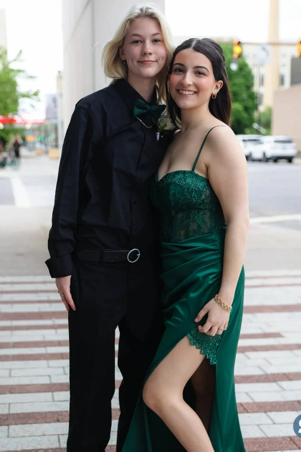 Satin & Lace Spaghetti-Strap Sweetheart Corset Bodice High-Slit Sheath Floor-Length Prom Dress by JiMiss Dresses