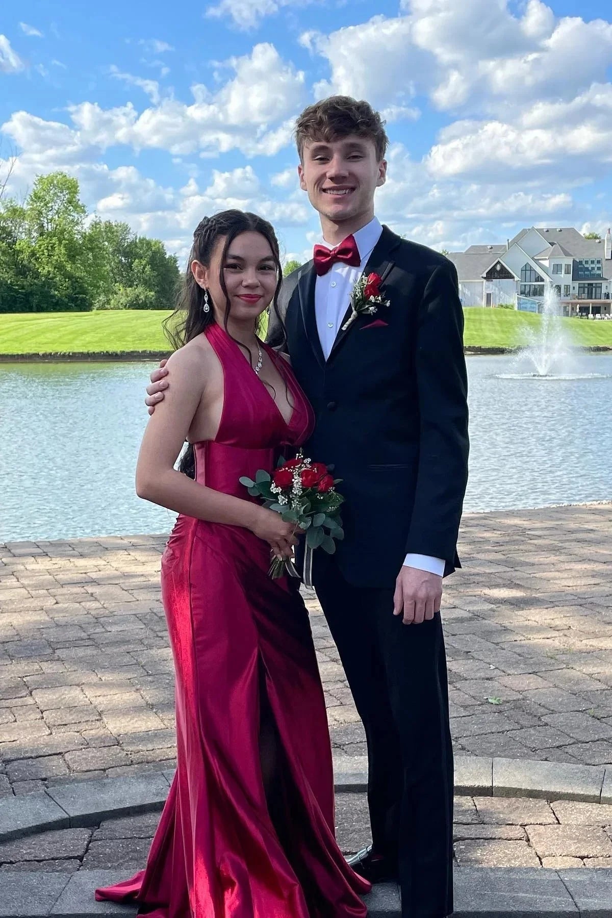 Scarlet Red Halter Neck Satin Prom Dress with Corset Bodice & Mermaid Hem by JiMiss Dresses
