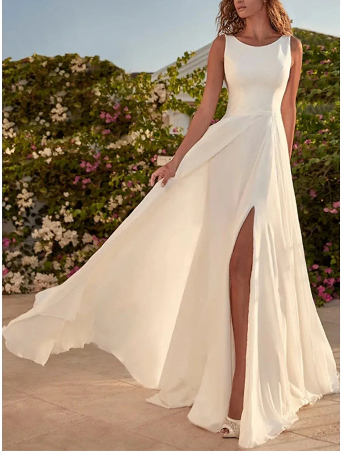A-Line Chiffon Sleeveless High Slit Wedding Dress - Yihuiw by Yihuiw