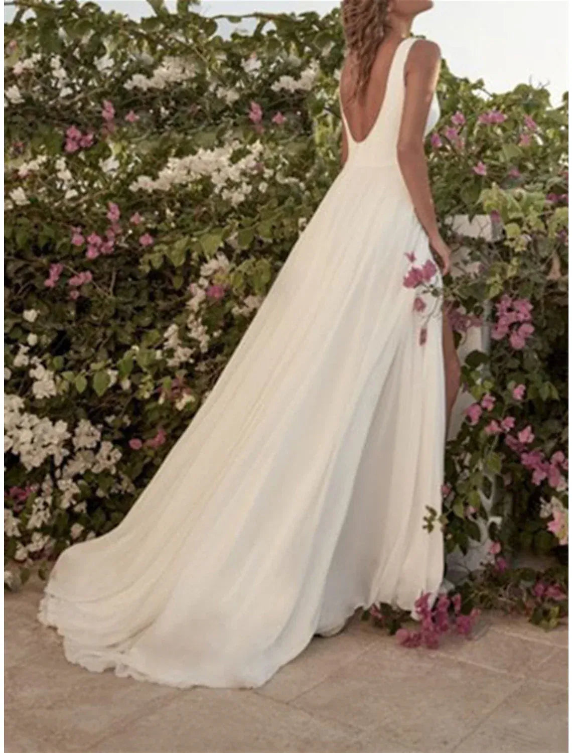 A-Line Chiffon Sleeveless High Slit Wedding Dress - Yihuiw by Yihuiw
