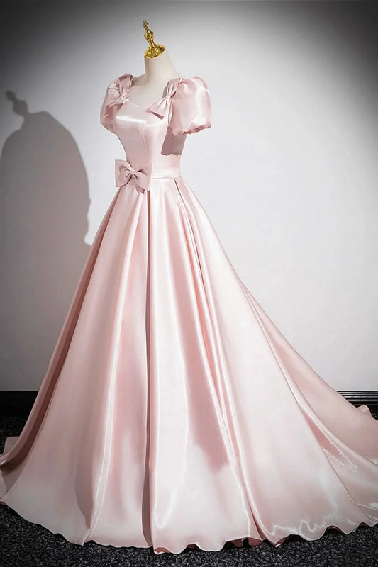 Scoop Neckline Satin Floor Length Prom Dress Short Sleeve A-Line Party Dress simple gentle atmospheric and unique desi Bring summer colors to enhance whitenes by YiHuiw