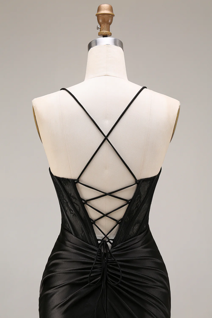 Seductive Spaghetti Strap Satin Evening Dress with Lace Corset Back, Ruched Waist and High Slit Mermaid Train