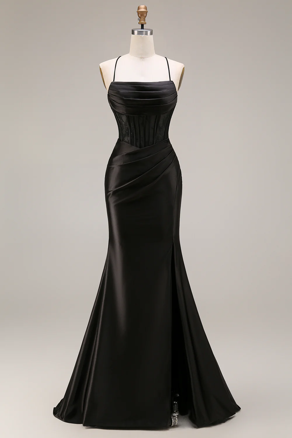 Seductive Spaghetti Strap Satin Evening Dress with Lace Corset Back, Ruched Waist and High Slit Mermaid Train