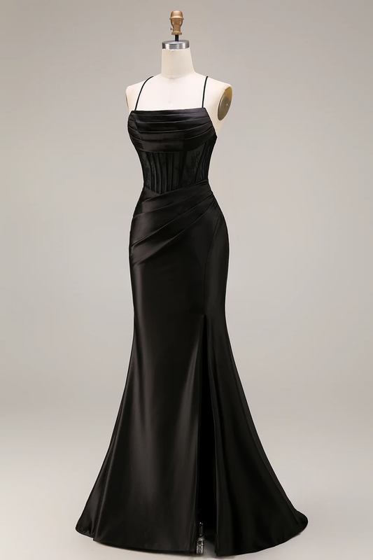 Seductive Spaghetti Strap Satin Evening Dress with Lace Corset Back, Ruched Waist and High Slit Mermaid Train