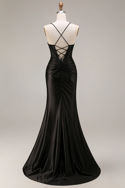Seductive Spaghetti Strap Satin Evening Dress with Lace Corset Back, Ruched Waist and High Slit Mermaid Train