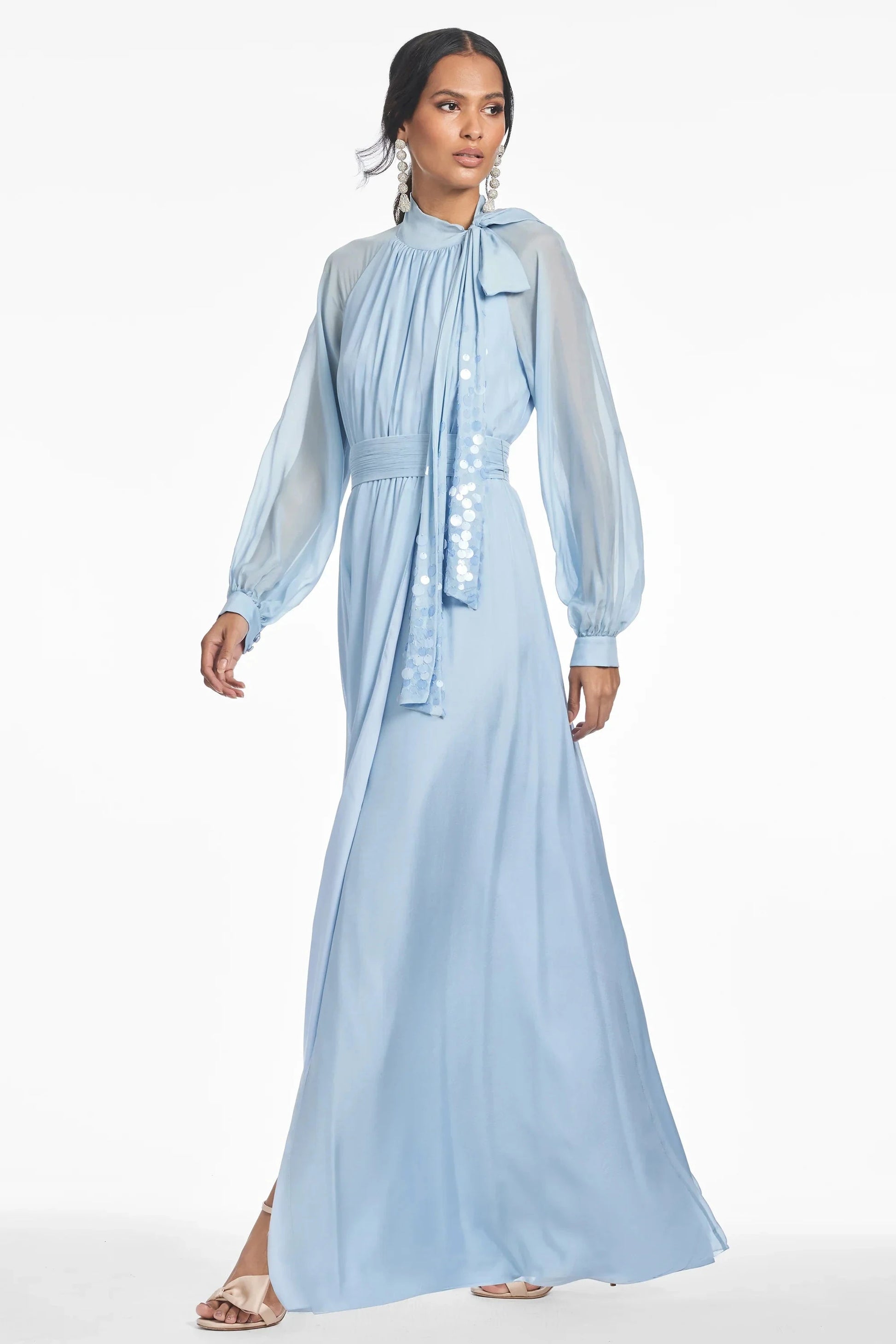 Sequin Accented Maxi Halter Neck Puff Sleeve Zipper Back Floor Length Hot Sale Evening Dress by YiHuiw