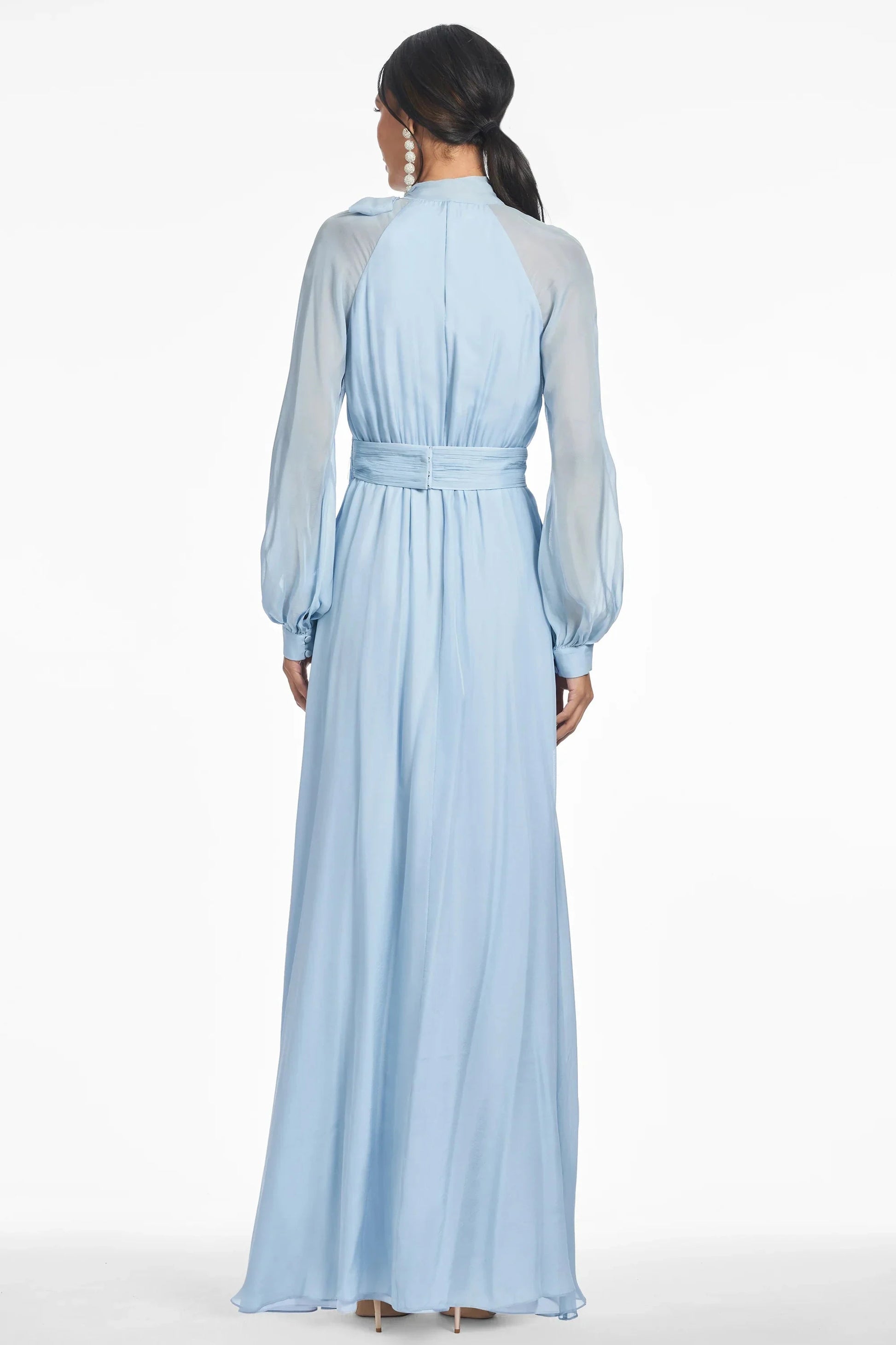 Sequin Accented Maxi Halter Neck Puff Sleeve Zipper Back Floor Length Hot Sale Evening Dress by YiHuiw
