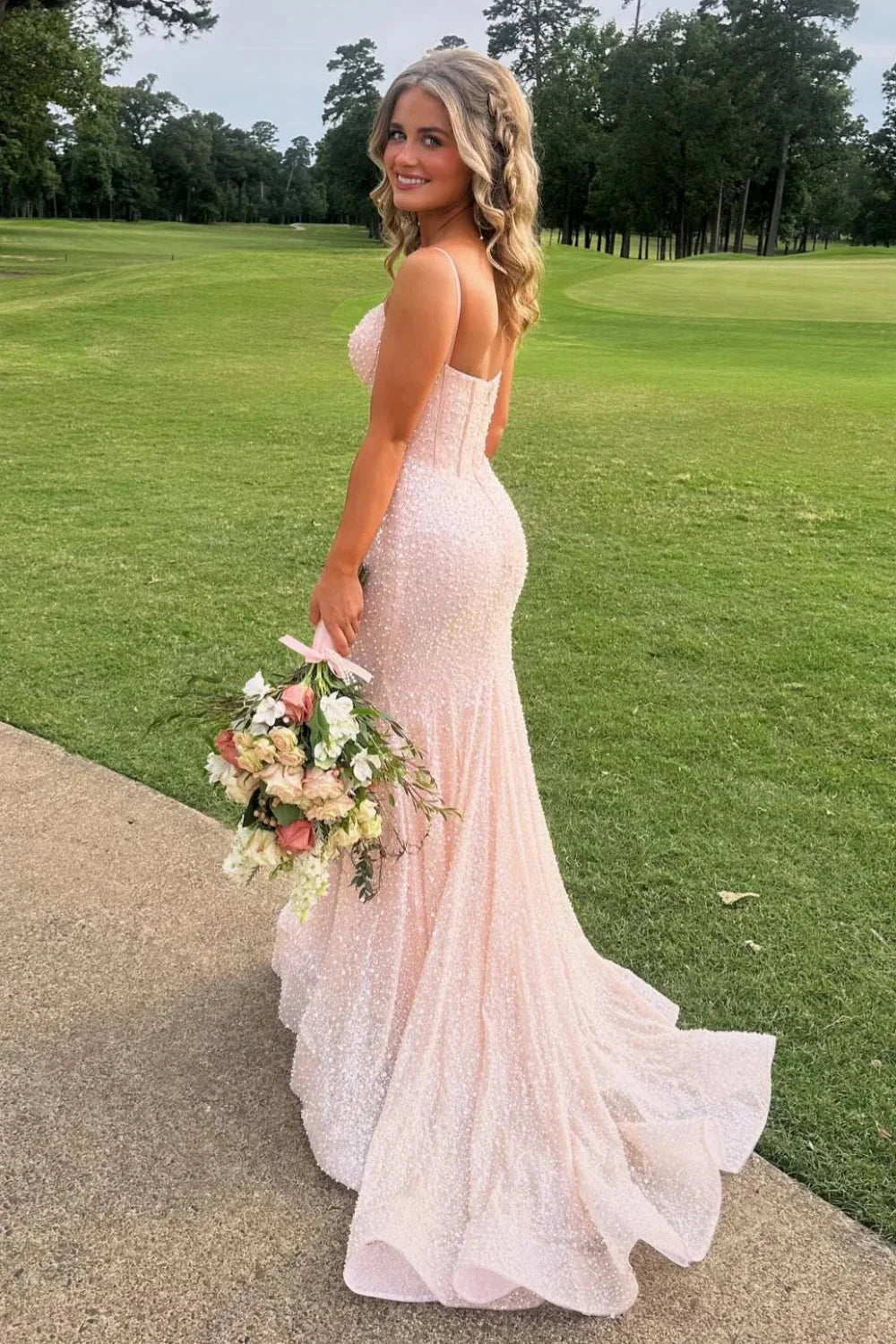 Sequin Spaghetti-Strap Sweetheart Corset Bodice Mermaid Train Prom Dress by JiMiss Dresses