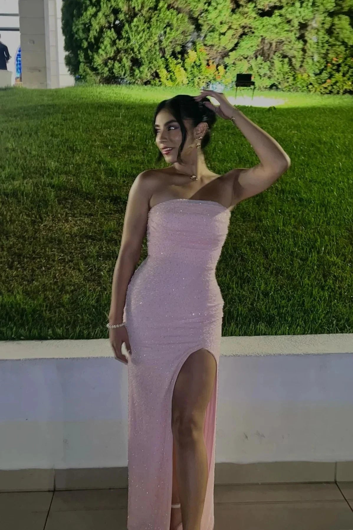 All-Over Sequin Strapless Sweetheart Structured Bodice Thigh-High Slit Sheath Floor-Length Prom Dress by JiMiss Dresses