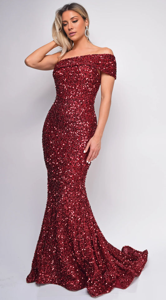 Sequined Burgundy Sequin Off-the-Shoulder Neck Mermaid Train Evening Dress