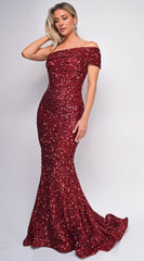Sequined Burgundy Sequin Off-the-Shoulder Neck Mermaid Train Evening Dress