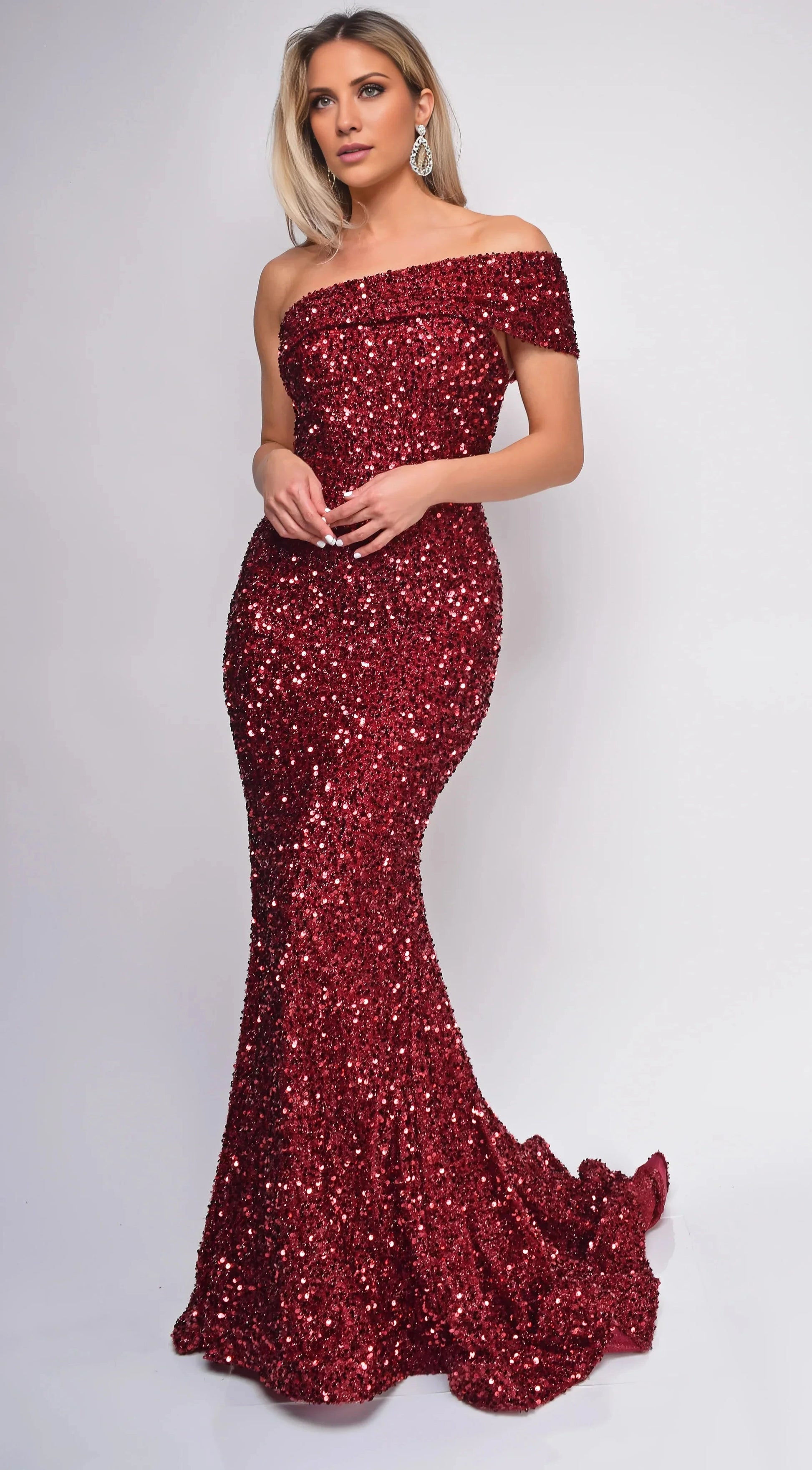 Sequined Burgundy Sequin Off-the-Shoulder Neck Mermaid Train Evening Dress by YiHuiw