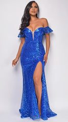 Sequined Mermaid Off-Shoulder Neck Plunging High-Slit Back Zip Floor-Length Evening Dress
