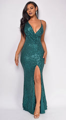 Sequined Mermaid One-Shoulder Neck Plunging Open-Back High-Slit Floor-Length Evening Dress