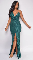 Sequined Mermaid One-Shoulder Neck Plunging Open-Back High-Slit Floor-Length Evening Dress