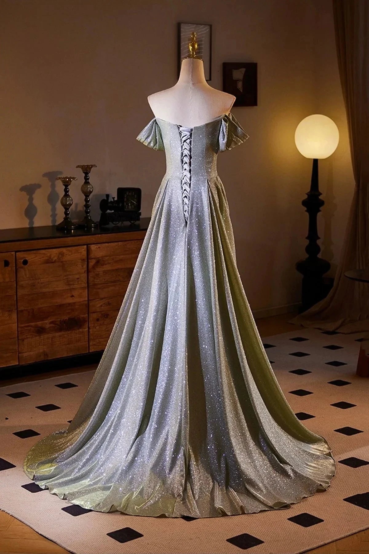 Sequins Split Front Prom Dress Off the Shoulder Sweep Train Formal Dress simple gentle atmospheric and unique desi Brin by YiHuiw