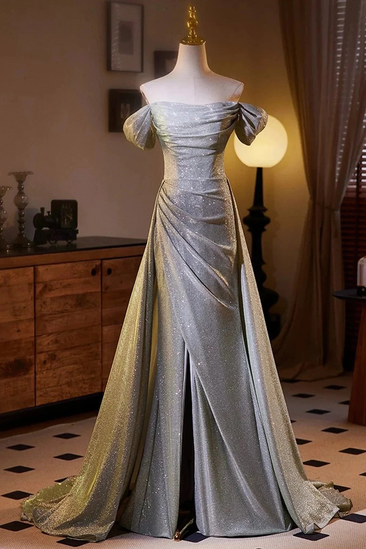 Sequins Split Front Prom Dress Off the Shoulder Sweep Train Formal Dress simple gentle atmospheric and unique desi Brin by YiHuiw