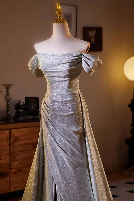 Sequins Split Front Prom Dress Off the Shoulder Sweep Train Formal Dress simple gentle atmospheric and unique desi Brin by YiHuiw
