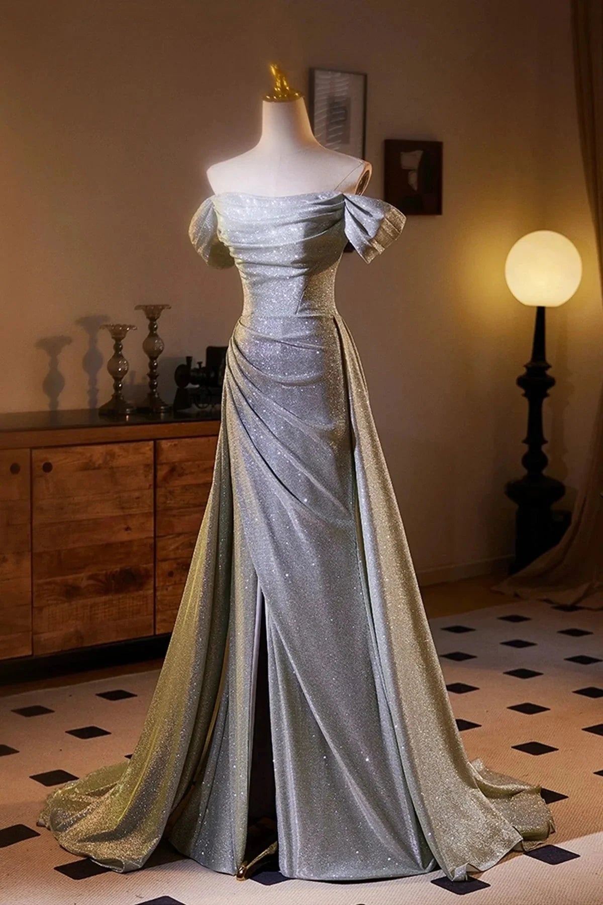 Sequins Split Front Prom Dress Off the Shoulder Sweep Train Formal Dress simple gentle atmospheric and unique desi Brin by YiHuiw