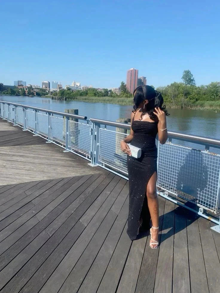 Sexy Black Sheath Long Evening Dress Party Gown with Slit simple gentle atmospheric and unique desi Bring summer colors to enhance whiteness by YiHuiw