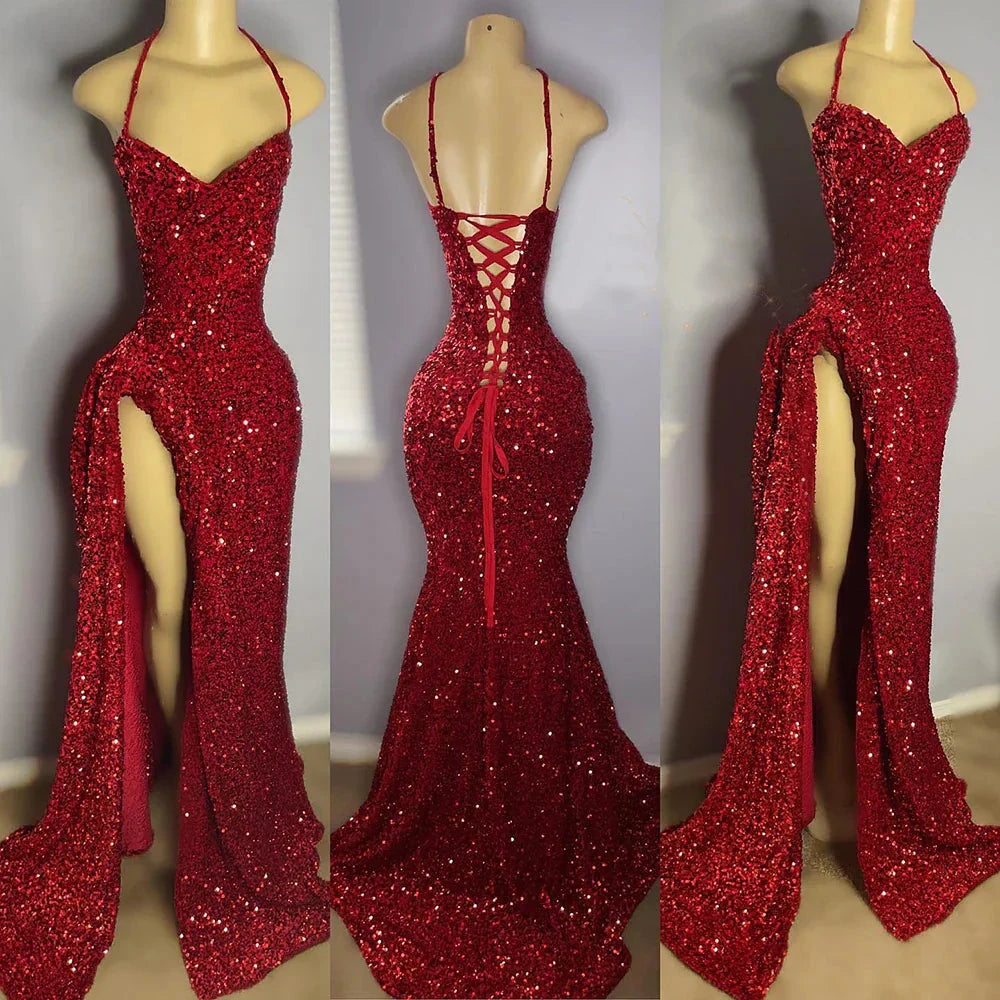 Sexy High Slit Halter Sleeveless Sparkly Red Sequined Long Prom Dresses for Black Girls simple gentle atmospheric and unique desi Bring summer colors to enhance whiten by YiHuiw