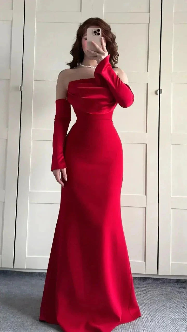 Sexy Mermaid Strapless Sleeveless Red Satin Prom Dresses With Gloves Formal Summer Wedding Guest Dresses Wedding Guest Outfits simple gentle atmospheric and unique desi Bring summer colors to enhance whiteness by YiHuiw