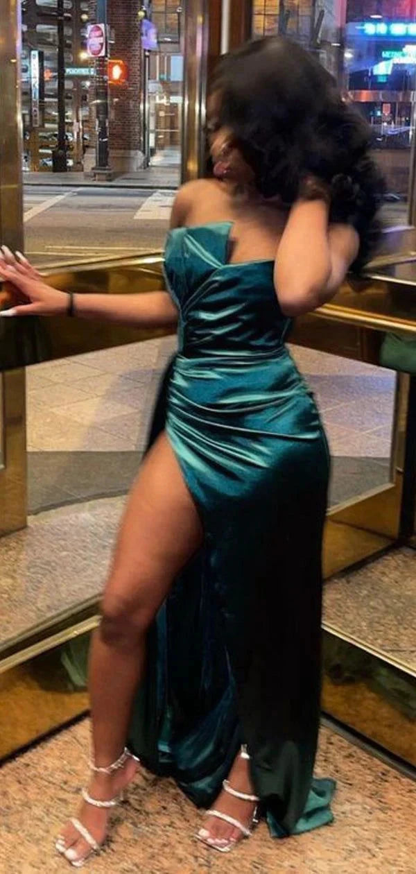 Sexy Mermaid Sweetheart Green Slit Satin Long Prom Dresses Party Dress 20th Birthday Outfits Graduation Dresses by YiHuiw