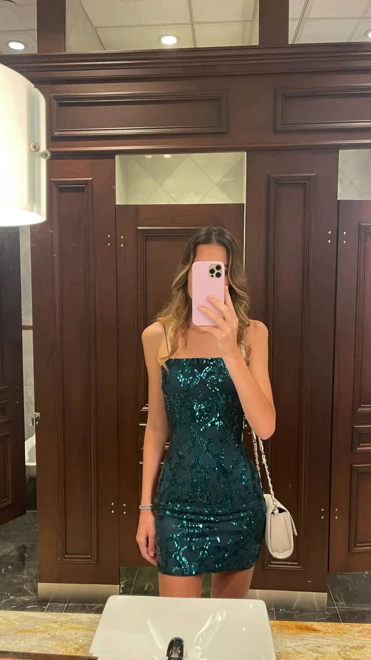 Sexy Sheath Spaghetti Straps Dark Green Sequin Short Formal Homecoming Dresses Party Graduation Dress Hoco Dresses by YiHuiw