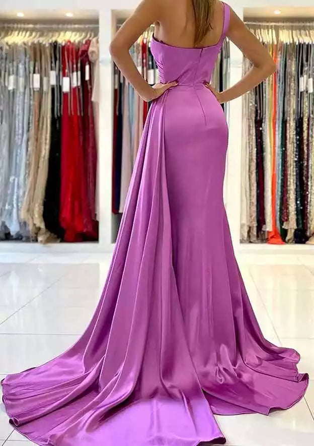 Vestidos de graduación sexys y encantadores de satén plisado, de un solo hombro, sin mangas, estilo trompeta/sirena y con cola larga