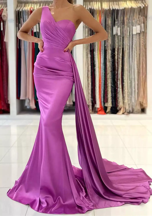 Sexy and charming trumpet/mermaid style single shoulder sleeveless trailing satin pleated Prom Dresses