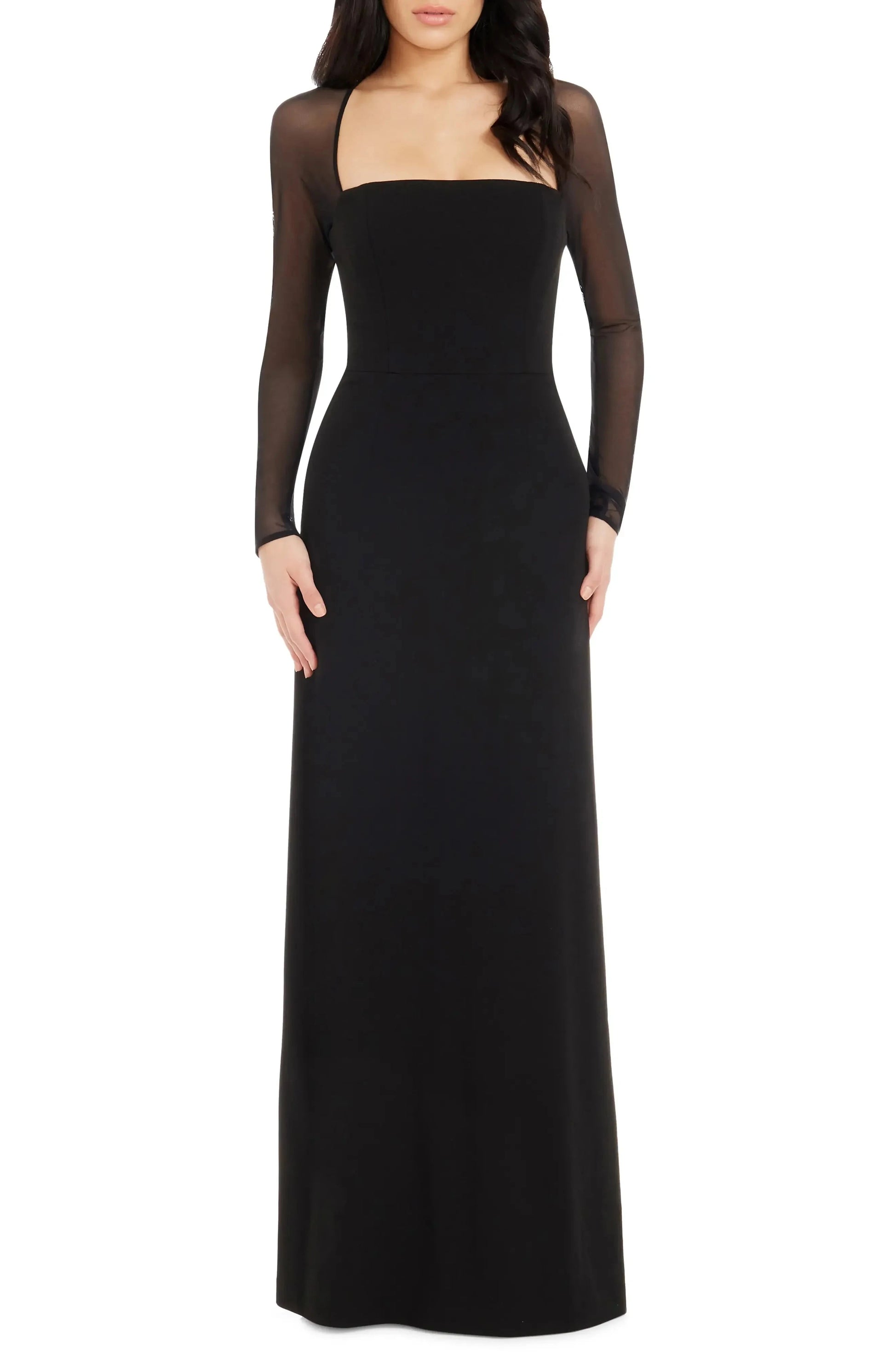 Sheer Accented Sheath Square Neck Long Sleeve Keyhole Back Floor Length For Women Evening Dress by YiHuiw