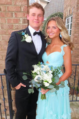 Sheer Chiffon Ruffled Spaghetti-Strap Sweetheart Cut-Out Tiered Floor-Length Mint Green Prom Dress