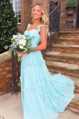 Sheer Chiffon Ruffled Spaghetti-Strap Sweetheart Cut-Out Tiered Floor-Length Mint Green Prom Dress