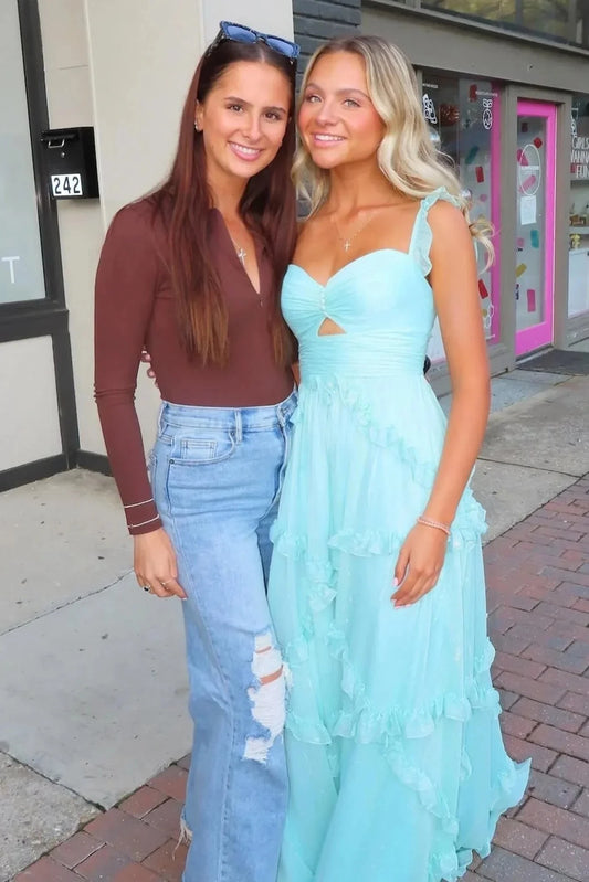 Sheer Chiffon Ruffled Spaghetti-Strap Sweetheart Cut-Out Tiered Floor-Length Mint Green Prom Dress by YiHuiw