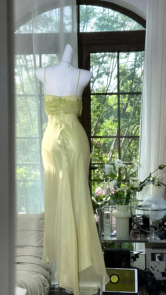 Sheer Satin Spaghetti-Strap Ruched Bodice Embroidered Ruffle Floor-Length Romantic Formal Evening Dress by YiHuiw
