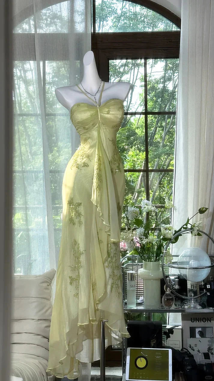 Sheer Satin Spaghetti-Strap Ruched Bodice Embroidered Ruffle Floor-Length Romantic Formal Evening Dress by YiHuiw