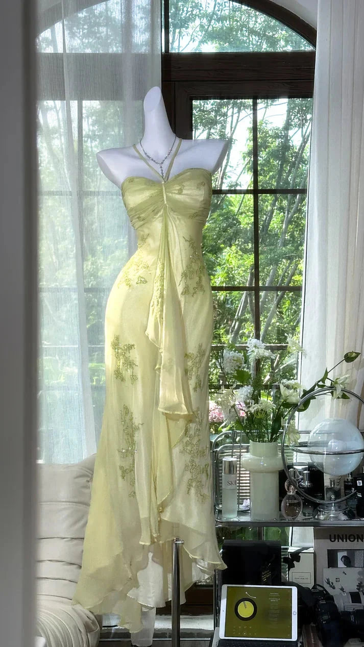 Sheer Satin Spaghetti-Strap Ruched Bodice Embroidered Ruffle Floor-Length Romantic Formal Evening Dress by YiHuiw