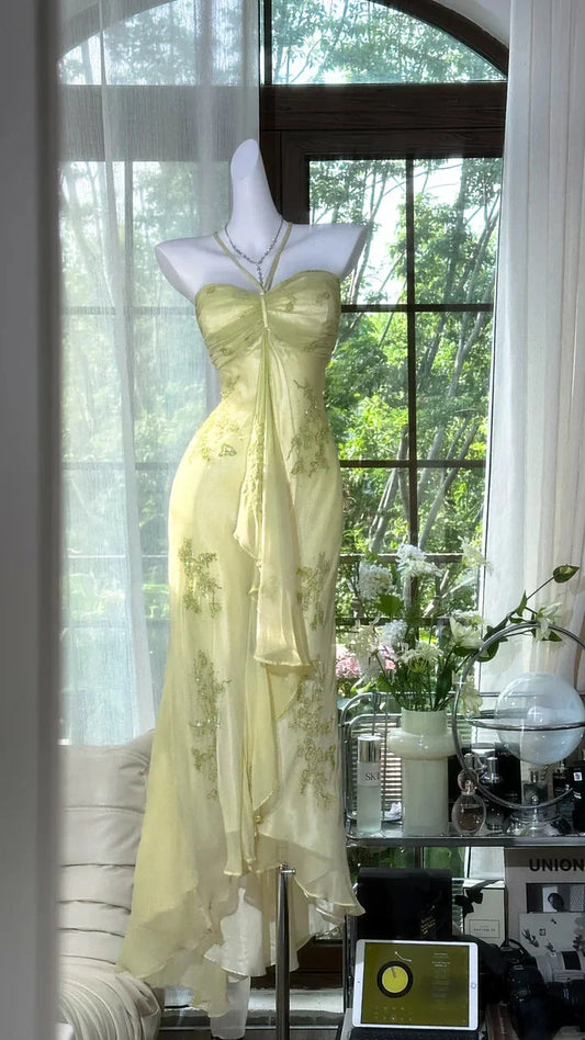 Sheer Satin Spaghetti-Strap Ruched Bodice Embroidered Ruffle Floor-Length Romantic Formal Evening Dress by YiHuiw