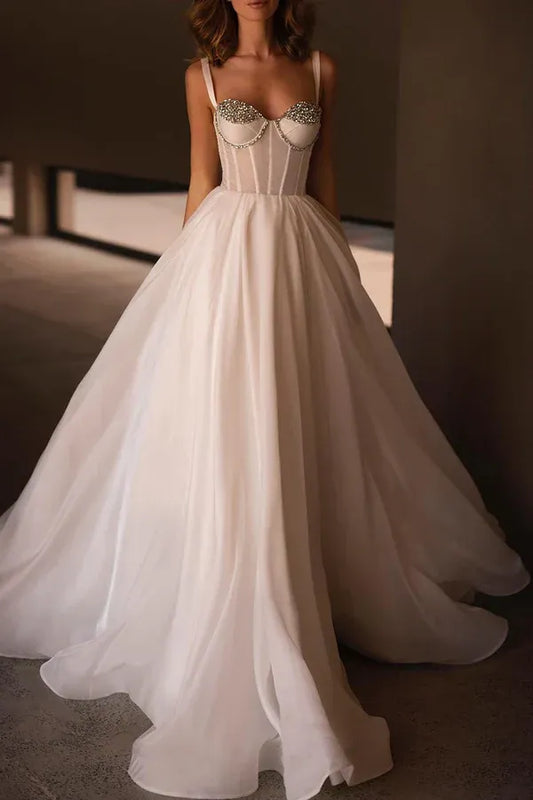 A-Line Spaghetti Strap Organza Lace-Up Back Beaded Wedding Dress - Yihuiw by Yihuiw