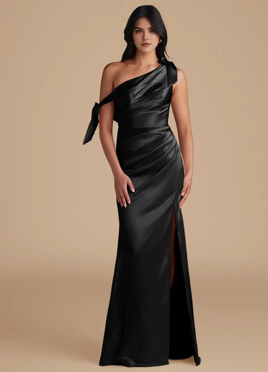 Black Satin One-Shoulder Evening Gown with Side Slit and Bow Details Sheath Off the Shoulder Metallic Satin Convertible Bridesmaid Dresses by YiHuiw