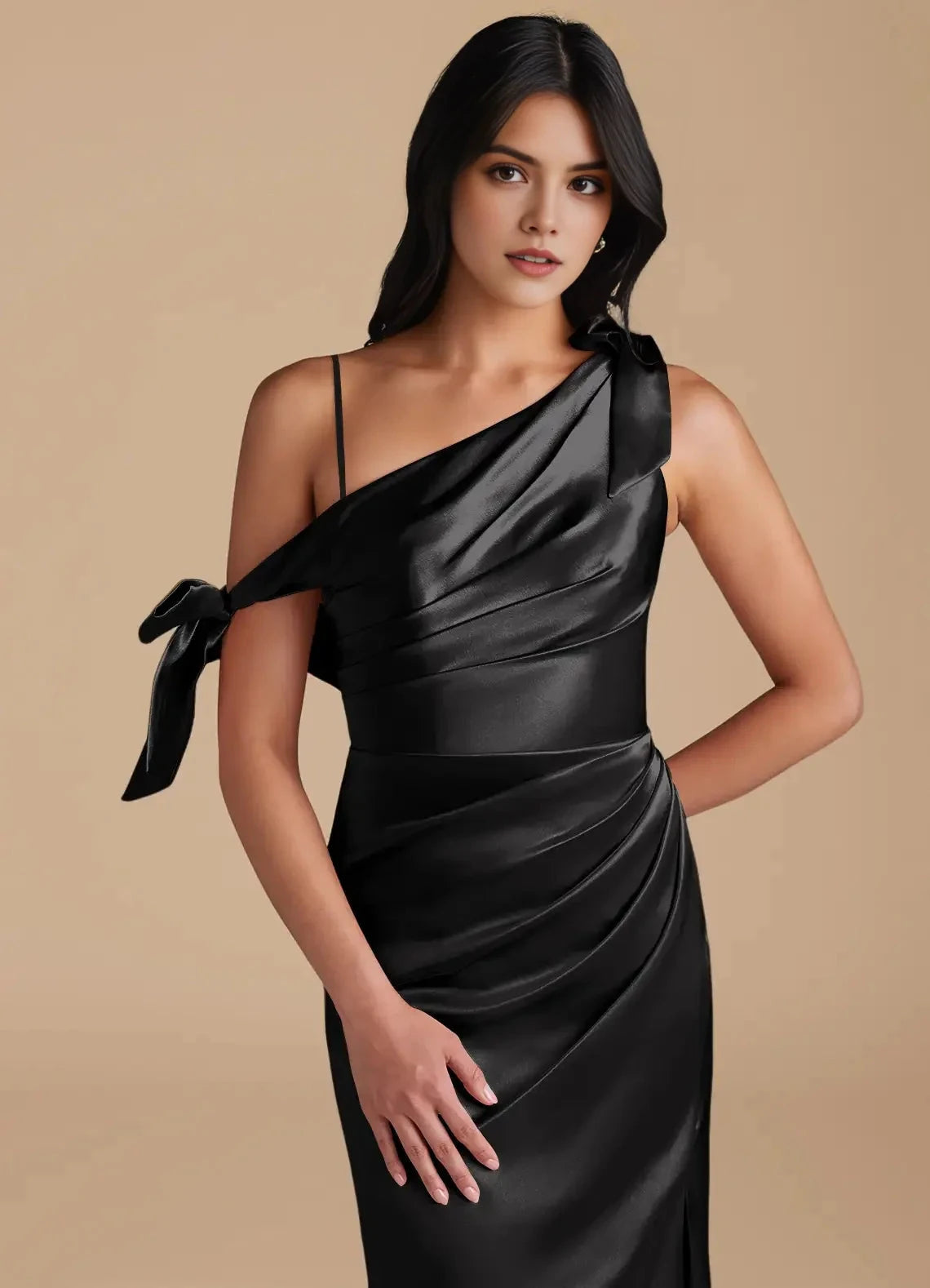 Black Satin One-Shoulder Evening Gown with Side Slit and Bow Details Sheath Off the Shoulder Metallic Satin Convertible Bridesmaid Dresses by YiHuiw