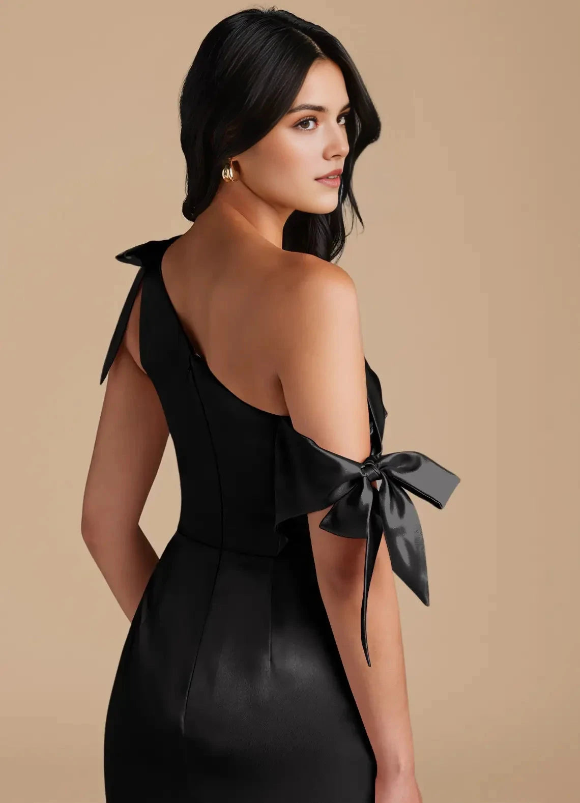 Black Satin One-Shoulder Evening Gown with Side Slit and Bow Details Sheath Off the Shoulder Metallic Satin Convertible Bridesmaid Dresses by YiHuiw