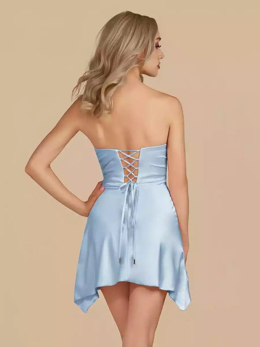 Shining satin close fitting cut off shoulder sleeveless irregular hem lace up back Homecoming Dresses