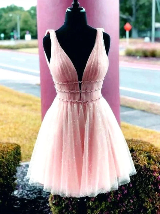 Shiny A Line V Neck Short Pink Prom Dresses, Shiny Short Pink Formal Homecoming Dresses simple gentle atmospheric and unique desi Bring summer colors to enhance whiteness by YiHuiw