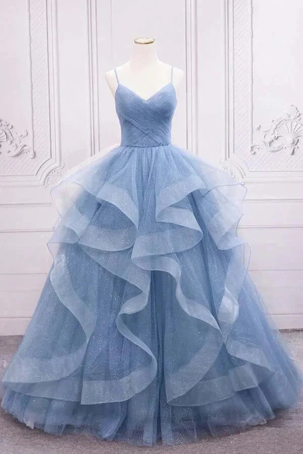 Shiny Blue Tulle A-line Spaghetti Straps Long Prom Dresses Princess quinceanera dresses simple gentle atmospheric and unique desi Bring summer colors to enhance whiteness by YiHuiw