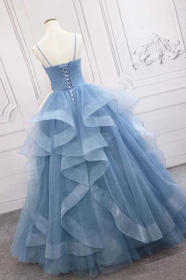 Shiny Blue Tulle A-line Spaghetti Straps Long Prom Dresses Princess quinceanera dresses simple gentle atmospheric and unique desi Bring summer colors to enhance whiteness by YiHuiw