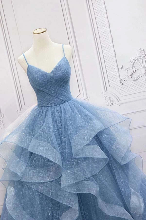 Shiny Blue Tulle A-line Spaghetti Straps Long Prom Dresses Princess quinceanera dresses simple gentle atmospheric and unique desi Bring summer colors to enhance whiteness by YiHuiw