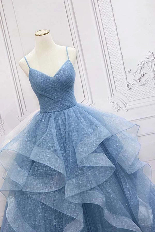 Shiny Blue Tulle A-line Spaghetti Straps Long Prom Dresses Princess quinceanera dresses simple gentle atmospheric and unique desi Bring summer colors to enhance whiteness by YiHuiw