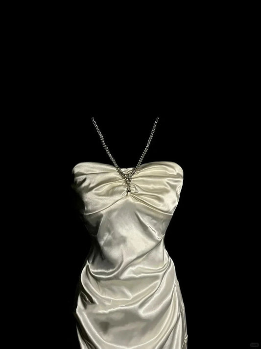 Shiny Fashion Suspender Short Satin Homecoming Dress Birthday Party Dress simple gentle atmospheric and unique desi Bring summer colors to enhance whiteness by YiHuiw
